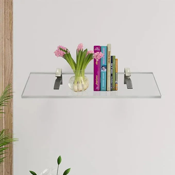 Clear Acrylic Shelves 14.5 inches, 3/4" Thick Transparent Wall Mounted Floating Shelves for Bedroom, Living Room, Bathroom, Kitchen -‎ with Screws and Brushed Nickel Finish Brackets, Pack of 2 - ModernBath