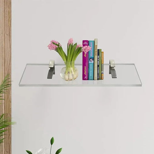 Clear Acrylic Shelves 14.5 inches, 3/4" Thick Transparent Wall Mounted Floating Shelves for Bedroom, Living Room, Bathroom, Kitchen -‎ with Screws and Brushed Nickel Finish Brackets, Pack of 2 - ModernBath