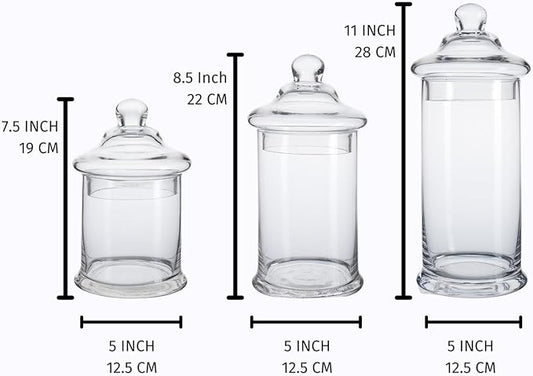 Set of 3 Glass Apothecary Jars with Lids, Clear Bathroom Storage Organizer Canister Set for Qtips, Cotton Swabs, Cotton Balls, Bath Salts (H: 11", 8.5", 7.5", D: 5"; 23 FL.OZ, 34 FL.OZ and 45 FL.OZ)