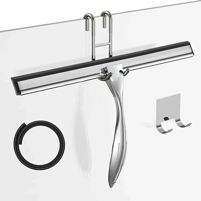 14-Inches Stainless Steel Shower Squeegee Set, Include Shower Door Hook, Adhesive Hook and Spare Silicone Blade, Window Squeegee for Shower Glass Door, Bathroom, Mirror, Window and Car Glass - ModernBath