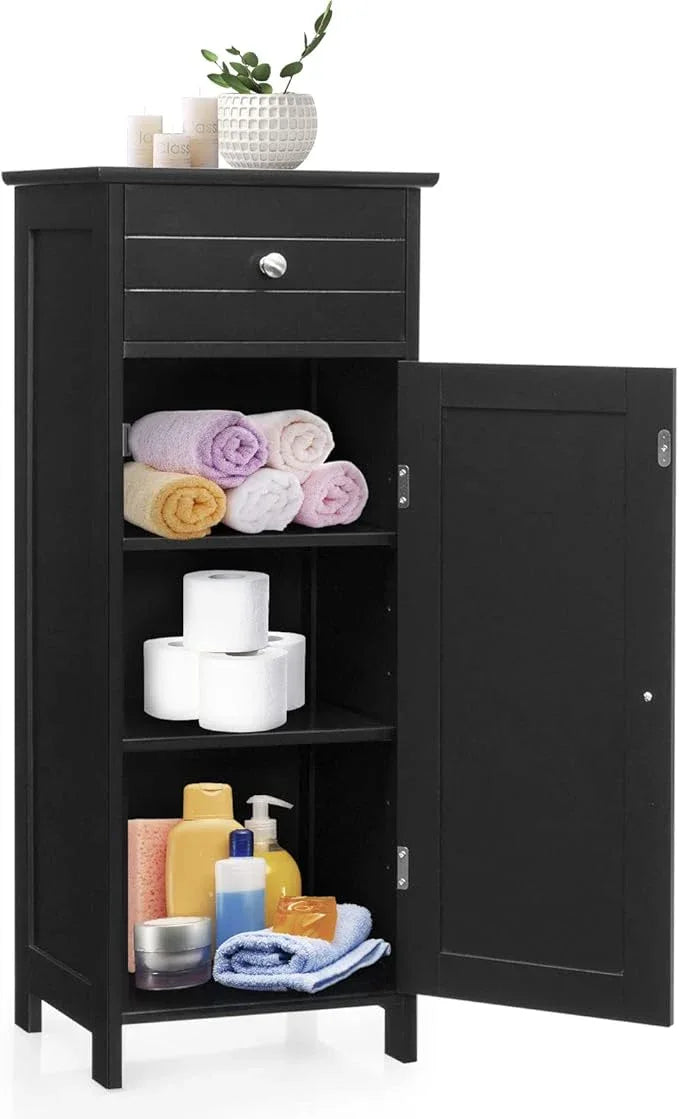 COSTWAY Bathroom Storage Cabinet, Single Door Floor Cabinet with Drawer and 3-Level Adjustable Shelves, Modern Side Storage Organizer with Anti-Tipping Device for Living Room, Bedroom (Black) - ModernBath