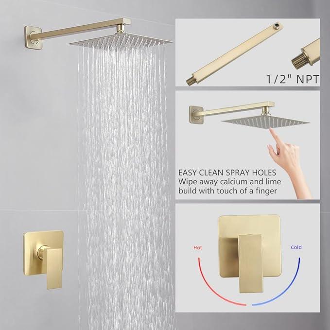 Heable Brushed Gold Shower Faucet Set, Single Function Shower Trim Kit with Rough-in Valve, Square Rain Shower Head System Included Extra Long Shower Arm for Bathroom - ModernBath