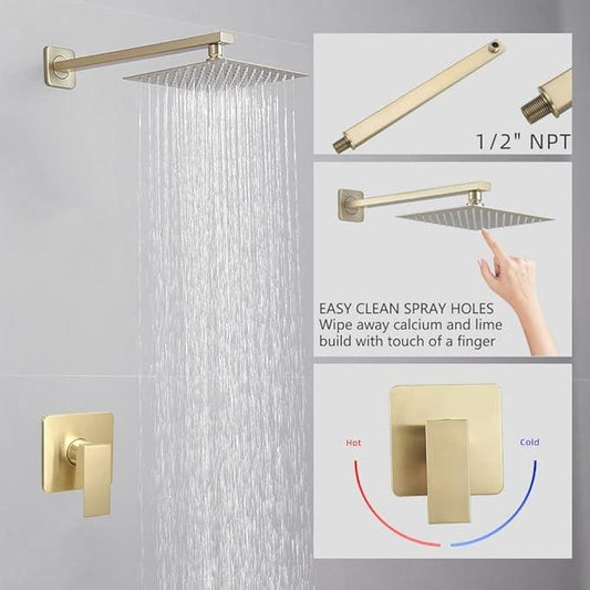 Heable Brushed Gold Shower Faucet Set, Single Function Shower Trim Kit with Rough-in Valve, Square Rain Shower Head System Included Extra Long Shower Arm for Bathroom - ModernBath
