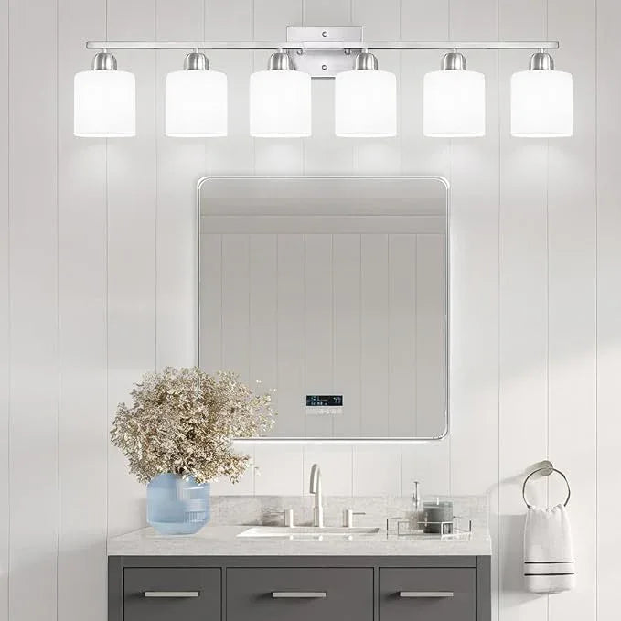 Brushed Nickel Vanity Light for Large Mirror, 6 Light Bathroom Lighting Fixtures Over Mirror with Milky White Frosted Glass Shades, 38 inch Bathroom Light for Mirrors, E26 Socket - ModernBath