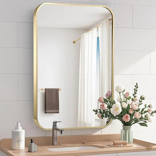 CLBA Gold Bathroom Mirror, 26x38 Inch Brushed Gold Mirror, Aluminum Alloy Framed Vanity Mirror, Rounded Rectangle Mirror for Over Sink, Anti-Rust (Horizontally or Vertically) - ModernBath