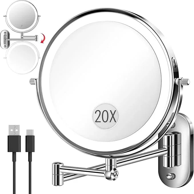 vpu 9" Wall Mounted Makeup Mirror with Light, 20X/1X Height Adjustable Double Sided Magnifying Bathroom Lighted Mirror, 3 Color Touch Dimmable Extended Arm 360 Rotation Light up Magnification Mirrors - ModernBath