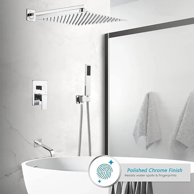 JingGang Polished Chrome Rain Shower System Tub Shower Faucet Set 12 Inch Square Rainfall Shower Head with Handheld Sprayer and Tub Spout Rough-in Valve Shower Mixer Combo Kit - ModernBath