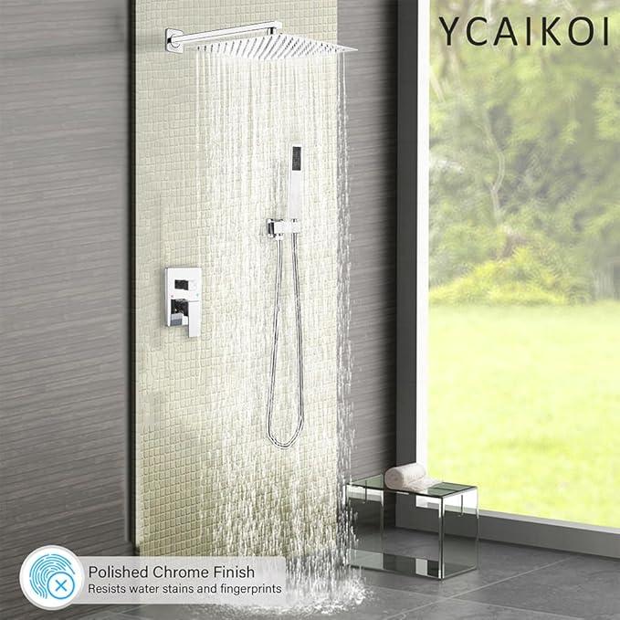 YCAIKOI Shower Faucet Set Complete, Wall Mount Shower System for Bathroom 12 Inch High-Pressure Rainfall Shower with Handheld, Rough-in Valve Body and Trim Kit, Polished Chrome - ModernBath