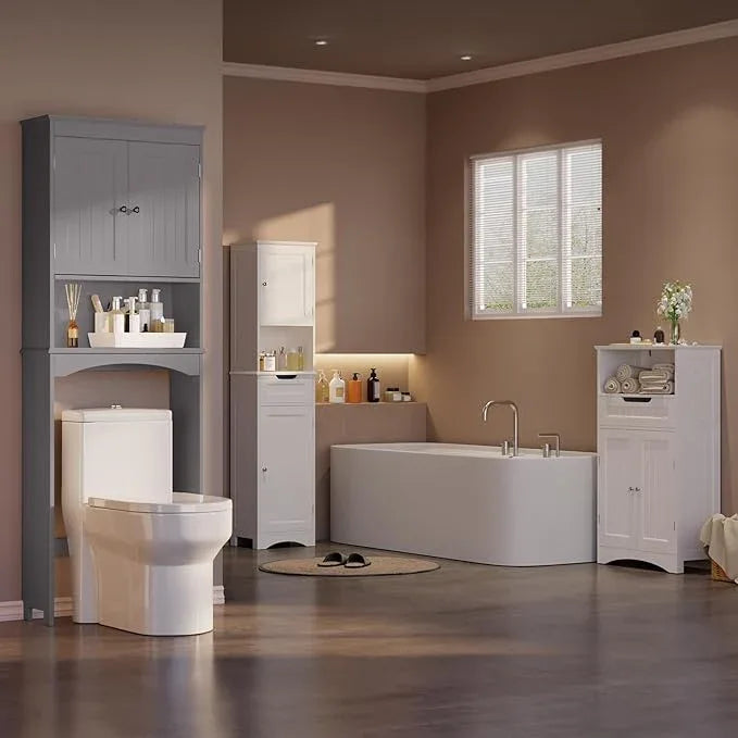 Gizoon Over The Toilet Storage Cabinet with Adjustable Shelf and Double Doors, Bathroom Space Saver Organizer Above Toilet with Open Shelf, Taller Wooden Free Standing Toilet Rack -Grey - ModernBath