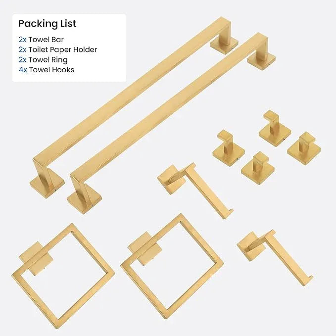 FAHKNS 10 PCS Bathroom Hardware Accessories Set 23.6 Inch Stainless Steel Bath Towel Bar Set Square Towel Ring Set for Bathroom Wall Mounted, Gold - ModernBath