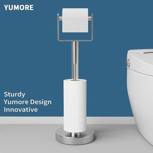 YUMORE Toilet Paper Holder Stand with Storage, Bathroom Weighted Base Floor Toilet Paper Roll Holder Free Standing for 3 Rolls, Brushed Nickel - ModernBath