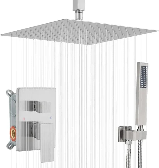 JingGang 16 Inch Ceiling Mount Brushed Nickel Shower System Bathroom Luxury Rain Mixer Shower Combo Set Ceiling Rainfall Shower Head System (Contain Shower Faucet Rough-in Valve Body and Trim Kit) - ModernBath