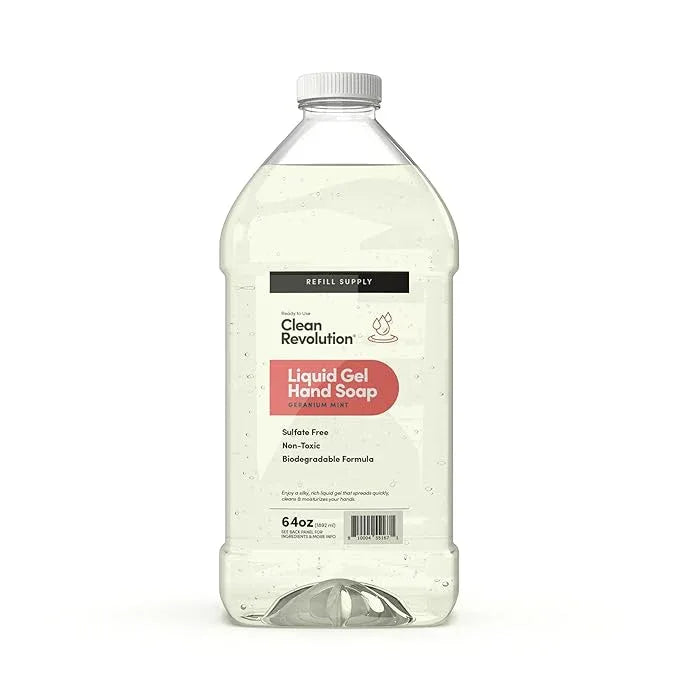 Clean Revolution Liquid Gel Hand Soap, Silky Rich Liquid, Quick Lather, Fast Rinsing, Contains Real Essential Oils (Geranium Mint) 64 Fl Oz - ModernBath