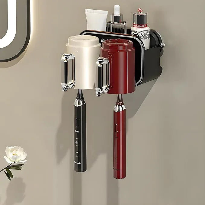 Botsparty Strong Suction Wall Mount Toothbrush Holder with 2 Cups- No Drill Bathroom Organizer, Large Capacity & Hygienic Quick Drying Design - ModernBath