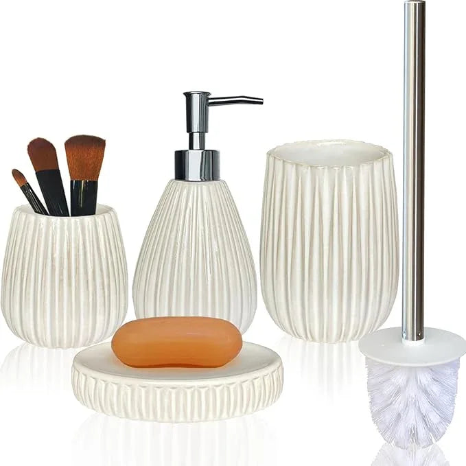 Ceramic Bathroom Accessory Set, White Bathroom Set, Caahanjia Bathroom Accessories Set 4 Pieces, Toilet Brush, Lotion Dispenser, Soap Dish, Toothbrush Cup, Modern Bathroom Décor (13 Ounce) - ModernBath