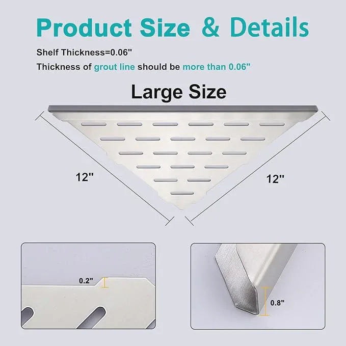 12" Corner Shower Shelf, 2-Pack Bathroom Shelves for Tile Walls, SUS304 Stainless Steel Recessed Shower Shelf, Grout in Corner Organizer Shelves, Brushed Silver, Large Size - ModernBath