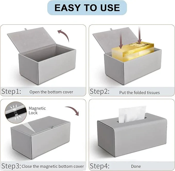 KINGFOM Tissue Box Cover, PU Leather Rectangular Tissue Box Holder with Magnetic Bottom Cover for Facial Tissues/Napkins, Office & Living Room Decor Box (Gray) - ModernBath