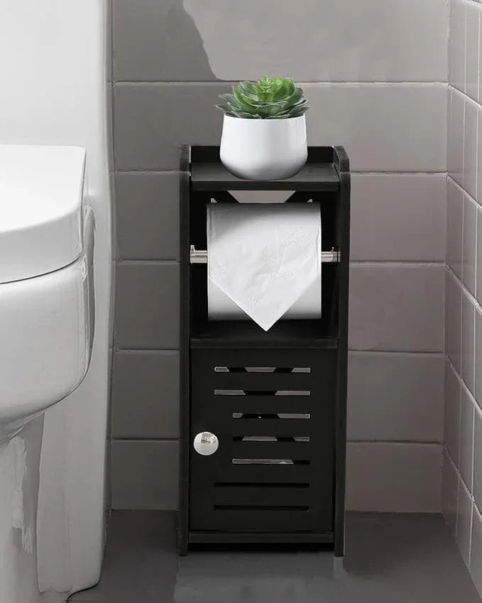 AOJEZOR Toilet Paper Holder Stand: PVC Freestanding Bathroom Cabinet Storage for Apartment Dwellers - Slim Bathroom Storage - Black - ModernBath
