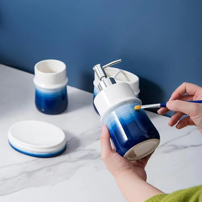 RZCNC Navy Blue Bathroom Accessories Set, 4-Piece Blue Ceramic Bathroom Decorations Accessories Set,Contain Toothbrush Cup,Soap Dispenser,Soap Dish,Tumbler - ModernBath