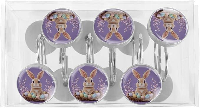 Elegant Purple and Easter Bunny Crystal Glass Shower Curtain Hooks for Bathroom Shower Rod, 12Pcs Round Home Decorative Shower Curtain Rings, Bathroom Bedroom Living Room Accessories - ModernBath