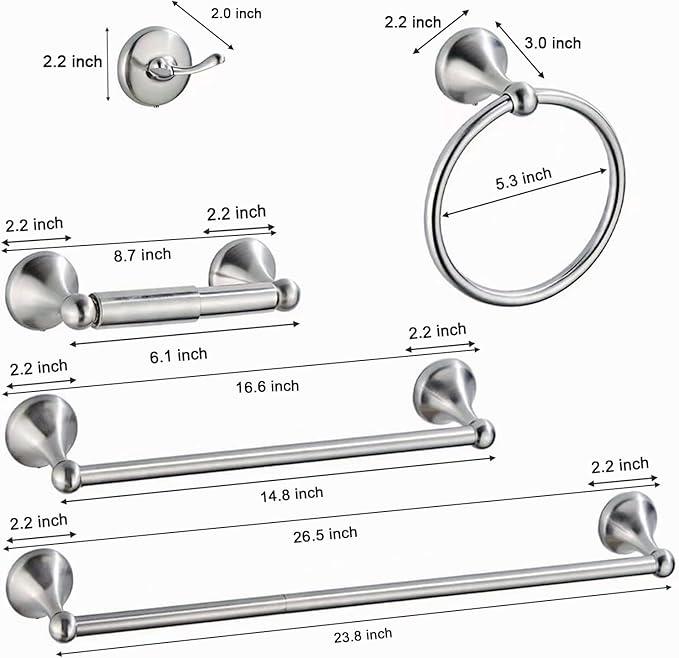 8-Pieces 24" Bathroom Hardware Set, Bathroom Accessory Set, Includes 24" Adjustable Bath Towel Bar, Towel Rings Wall Mounted, Toilet Paper Holder, Robe Towel Hooks (Brushed Nickel) - ModernBath