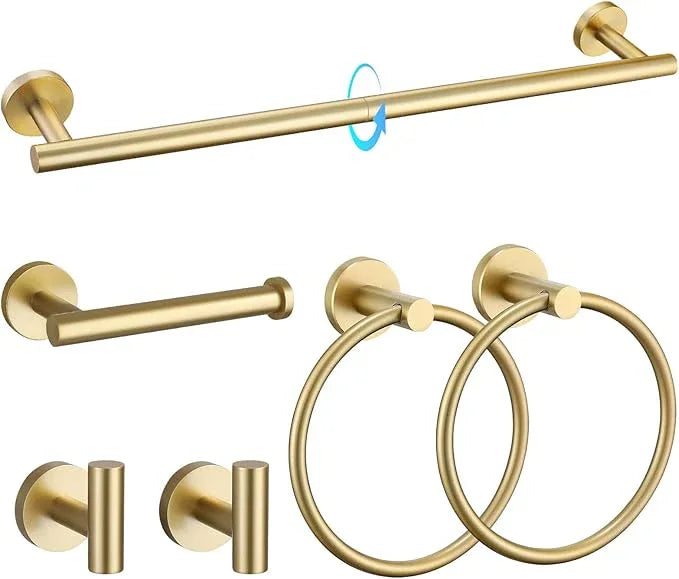 TQKAG Brushed Gold Bathroom Hardware Set 6-Piece Bathroom Accessory Set 23.6 Inch Round Stainless Steel Towel Bar Set Wall Mounted - ModernBath