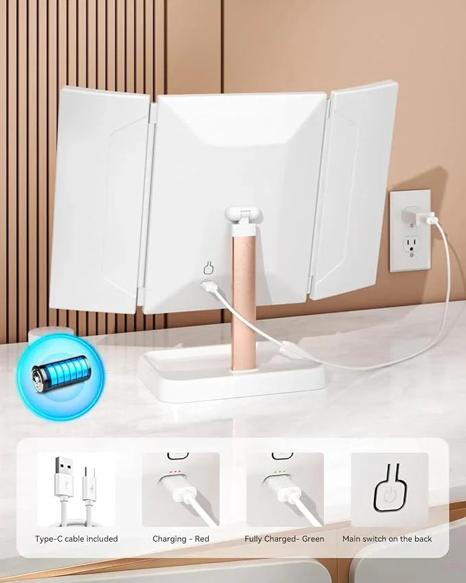 CALEPOP Vanity Mirror with Lights, Makeup Mirror 1X, 2X, 3X Magnification, Trifold 9" L x 14" W, Large Vanity Desk Mirror，Valentine‘s Gift for Wife, Mom, Her - Gift for Girlfriend, Women & Teens - ModernBath