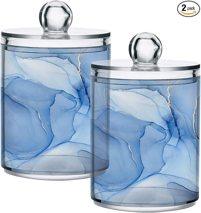 BOENLE 2 Pack Qtip Holder Dispenser Blue Marble Bathroom Storage Canister Lid Acrylic Plastic Apothecary Jar Set Vanity Makeup Organizer for Cotton Swabs/Pads/Floss - ModernBath