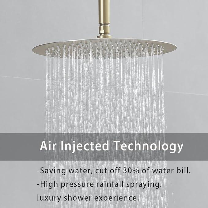 JingGang Brushed Gold Ceiling Mount Round Rain Shower System with 16 Inch Shower Head and Handheld Bathroom Shower Set Contain Shower Faucet Trim Kit (Mixer Valve Included) - ModernBath