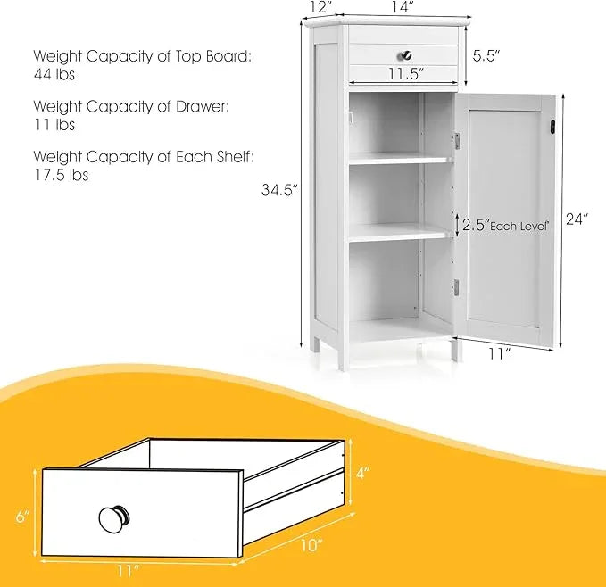 HAPPYGRILL Small Bathroom Storage Cabinet,Single Door Narrow Storage Cabinet Organizer w/Drawer & 3-Level Adjustable Shelves,Bathroom Cabinets Freestanding w/Anti-Tipping Device for Living Room Toilet - ModernBath