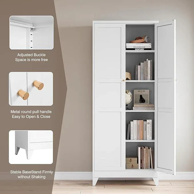 Yizosh Metal Pantry Cabinet, 75" Kitchen Pantry with 2 Door and 4 Adjustable Shelves,White Metal Pantry Storage Cabinet,Cupboard for Kitchen,Dining Room,Living Room and Bathroom - ModernBath