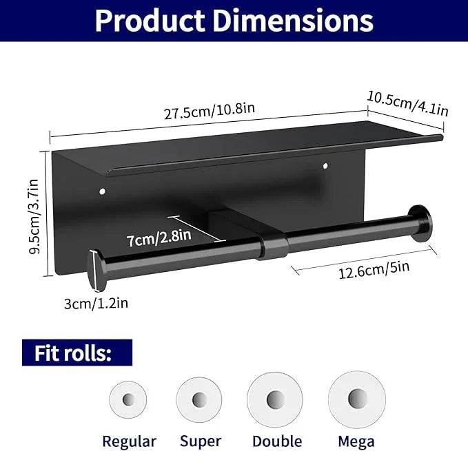 YUMORE Toilet Paper Holder, 304 Stainless Steel Bathroom Double Roll Tissue Holder with Shelf, Wall Mounted Washroom Dual TP Dispenser Storage（Black） - ModernBath
