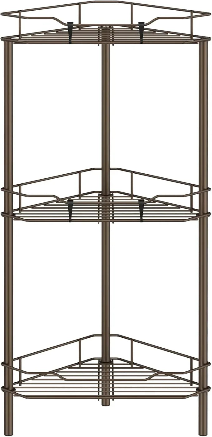 3 Tier Floor Standing Corner Shower Caddy Organizer Shelf with Hooks, Bathroom Shelves Stand Rack, Bronze - ModernBath