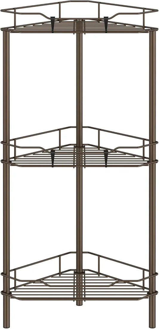 3 Tier Floor Standing Corner Shower Caddy Organizer Shelf with Hooks, Bathroom Shelves Stand Rack, Bronze - ModernBath