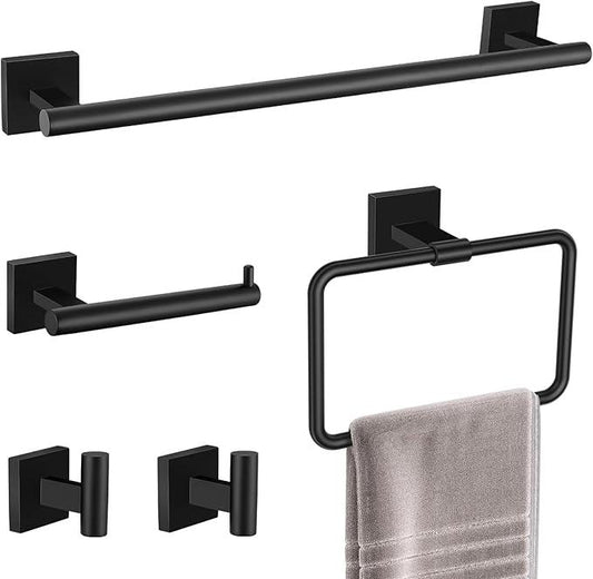 TNOMS 5 Pieces Matte Black Bathroom Hardware Set Black Towel Bar Set for Bathroom SUS304 Stainless Steel Wall-Mounted Towel Racks Set 23.6 Inch - ModernBath
