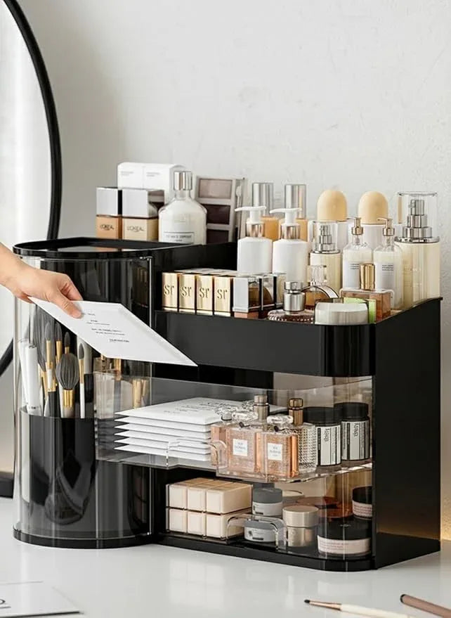 Makeup Organizer with Rotating Brush Holder Cosmetic Organizer with Drawers Countertop Skincare Organizer for Vanity,Cosmetic Display Case Storage (Black, Large) - ModernBath