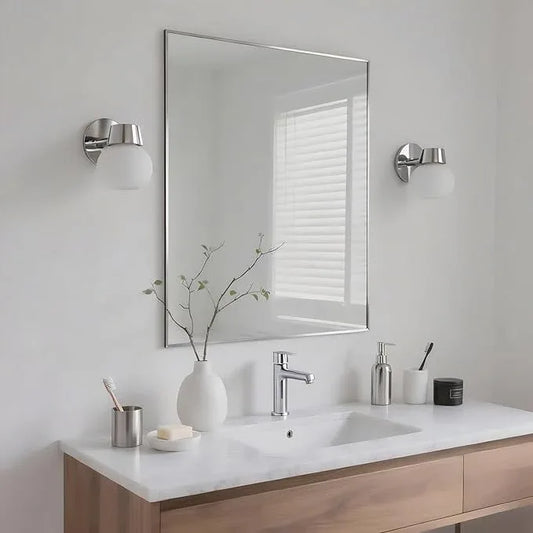 Bonverre 24x32 Inch Nickel Bathroom Mirror for Wall, Aluminum Frame Rectangle Rectangular Vanity Mirror, Modern Large for Bedroom, Living Room, Horizontal or Vertical - ModernBath