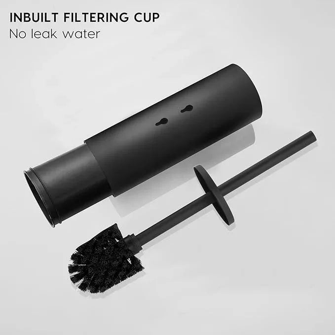 Toilet Bowl Brush and Holder, 304 Stainless Steel No-Punch Hook Base Dual Purpose Toilet Brush Holder with Removable Inner Bucket and Splash Cover - Soft Bristles (Black) - ModernBath