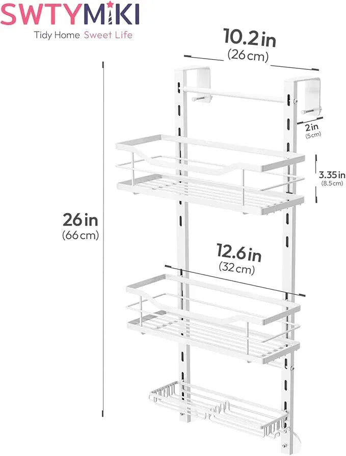 SWTYMIKI Over the Door Shower Caddy - 3 Tier Adjustable Shower Organizer Hanging with Soap Holder, No Drilling Stainless Steel Bathroom Hanging Caddy for Body Wash, Shampoo, Soap, Razor, White - ModernBath