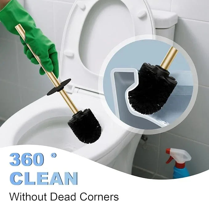 Toilet Brush and Holder Set, NEWRAIN 304 Stainless Steel Toilet Brush with Long Brush Handle, Brushed Gold Toilet Scrubber and Covered Holder, Round Design Sturdy and Space Saving, Covered Brush - ModernBath