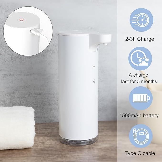 LAOPAO Automatic Soap Dispenser Foaming: Rechargeable Touchless Soap Dispenser Stainless Steel Foam Soap Dispenser for Bathroom Hand Soap Pump for Kitchen Xmas Gift, 9oz, White - ModernBath