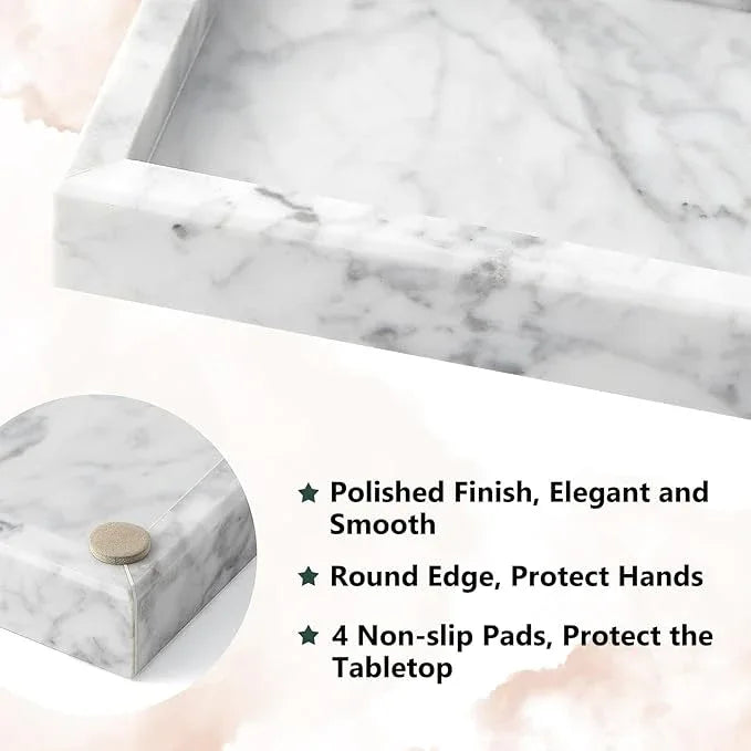 Real Natural Small Marble Tray for Bathroom, Vanity, Kitchen and Desktop, Rectangle Genuine Marble Stone Tray for Jewelry, Cosmetics, Candles, Lotion, Perfume and Home Decor (White, 12" x 5" x 1.2") - ModernBath