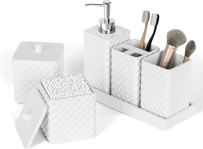 Bathroom Accessories Set Resin 6PCS, Square Toothbrush Holders Set Complete with Soap Dispenser, Vanity Tray, Tumbler, Cups and Cotton Swab Jars (White Diamond, Resin Bath 6 PCS) - ModernBath