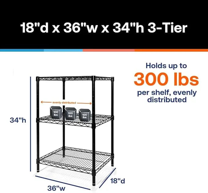 Shelving Inc. 18" d x 36" w x 34" h Black Wire Shelving with 3 Tier Shelves, Weight Capacity 300lbs Per Shelf - ModernBath