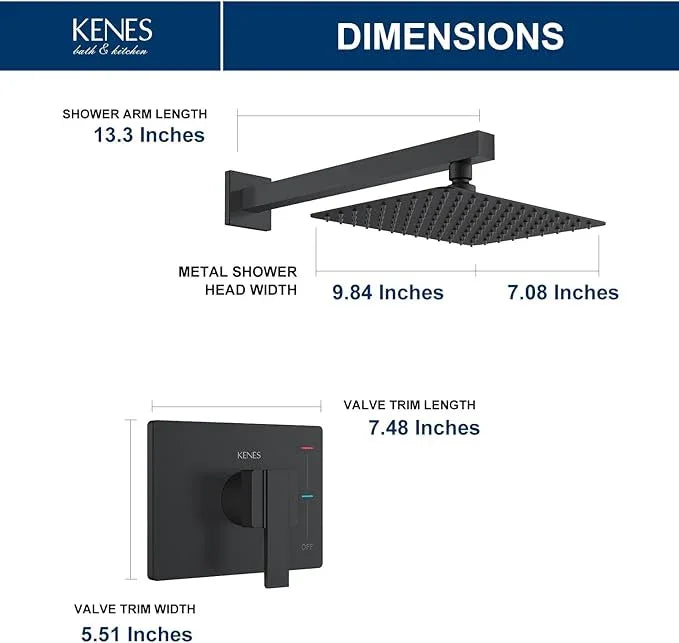 KENES Matte Black Shower Faucet with 10-Inch Shower Head and Handle Set, Square Shower Faucet Set Bathroom Rainfall Shower System Wall Mount, KE-6024B-2 (Shower Valve Included) - ModernBath
