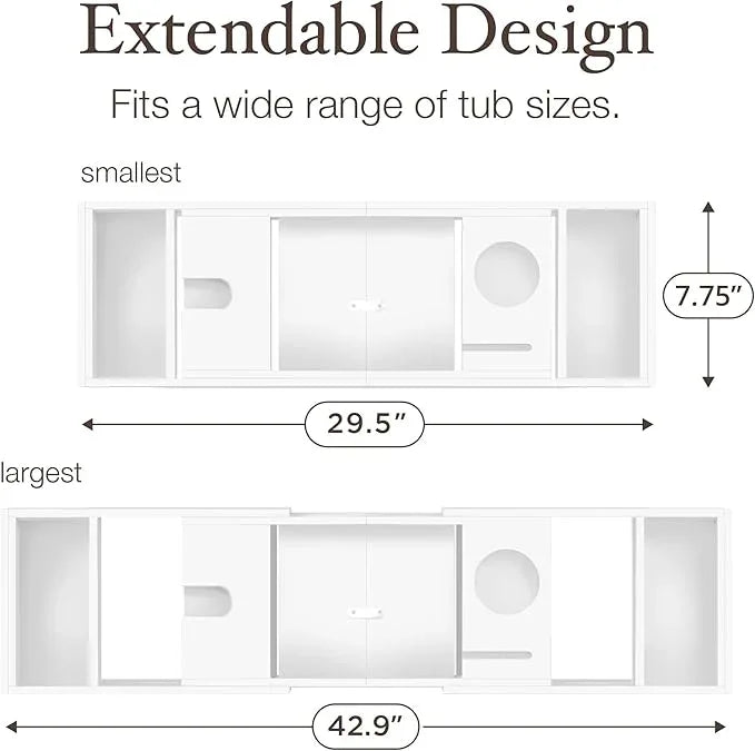 Wooden Bathtub Tray - Foldable & Expandable Bamboo Bath Tray for Tub with Wine Holder, Book & Tablet Stand - Bath Caddy Tray for Bathtub, Spa Bath Accessories, Tub Tray Table, Gifts for Her (White) - ModernBath