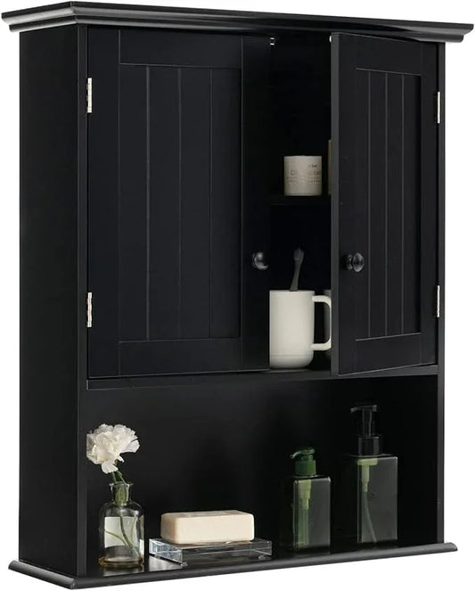 Tangkula Wall Mount Bathroom Cabinet Wooden Medicine Cabinet Storage Organizer with 2-Doors and 1-Shelf Cottage Collection Wall Cabinet (Black) - ModernBath