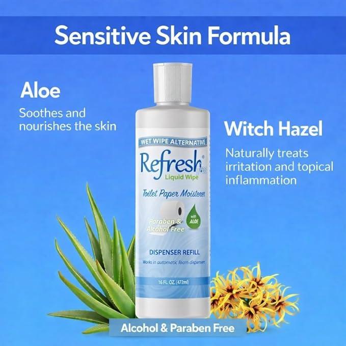 Refresh Liquid Wipe Free - Toilet Paper Foam Dispenser Refill for Sensitive Skin – Flushable Wet Wipe Alternative with Witch Hazel & Aloe – Alcohol & Paraben Free, 8 oz Refill - ModernBath