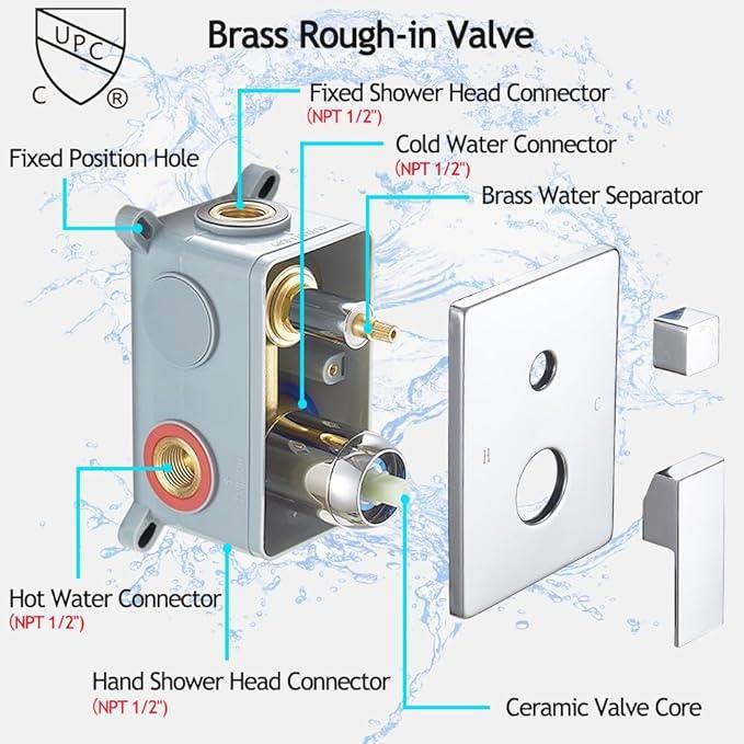 YCAIKOI Chrome Shower System, 8 Inch High Pressure Rain Shower with Handheld, Wall Mount Shower Faucet Set for Bathroom, Rough-in Valve Body and Trim Included - ModernBath