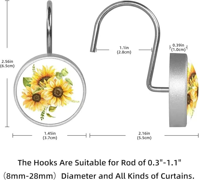 12 Pcs Decorative Shower Curtain Hooks, Rust Proof Glass Surface Stainless Steel Rings for Bathroom Bedroom Kitchen Home Bath Room Rods Decor (Watercolor Sunflowers Bouquet) - ModernBath
